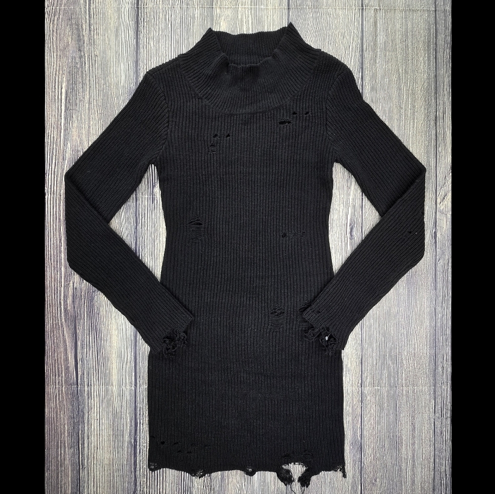 Wildfox NWT Rowan Long Sleeve Ribbed Distressed Sweater Dress in Jet Black